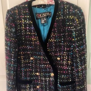 Escada Black/Multi Wool Jacket with velour trim. Size 36